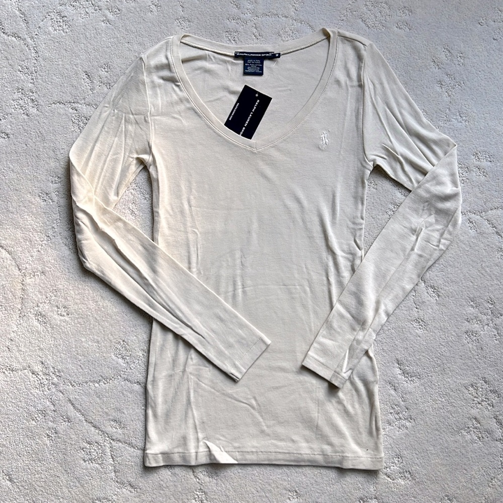 NWT Cream Ralph Lauren VNeck Long Sleeve Shirt w/Embroidered Pony Logo